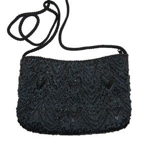 Vintage Carolyne Barton Night Black Beaded Evening Bag Should Strap 5.5x8.25 in